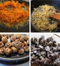 Обжариваем грибы, морковь и лук