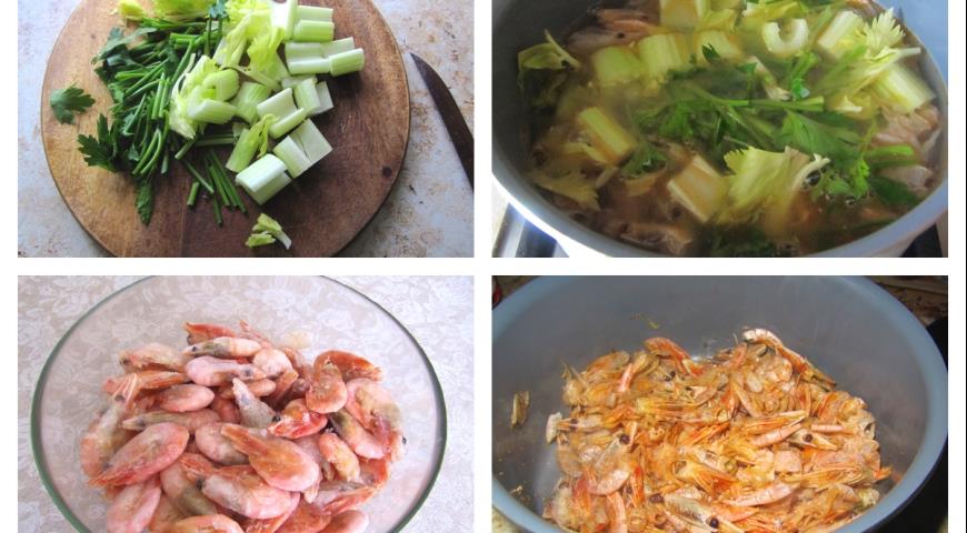Очистить креветки и сварить бульон из овощей и панцирей