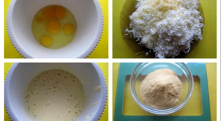 Яйца выложить в чашу миксера, натереть сыр, кефир соеденить со сметаной, взвесить муку