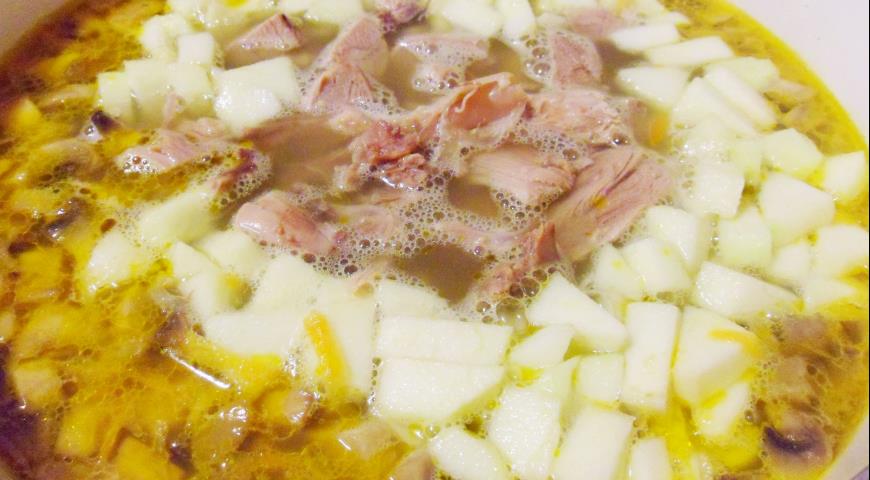 Утиное филе для супа нарезать, вместе с яблоками положить в кастрюлю